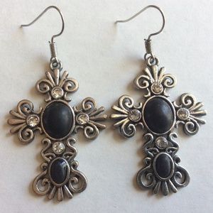 Vintage Cross Black Beads Hooks Earrings Clear Crystal Rhinestones Silver Tone